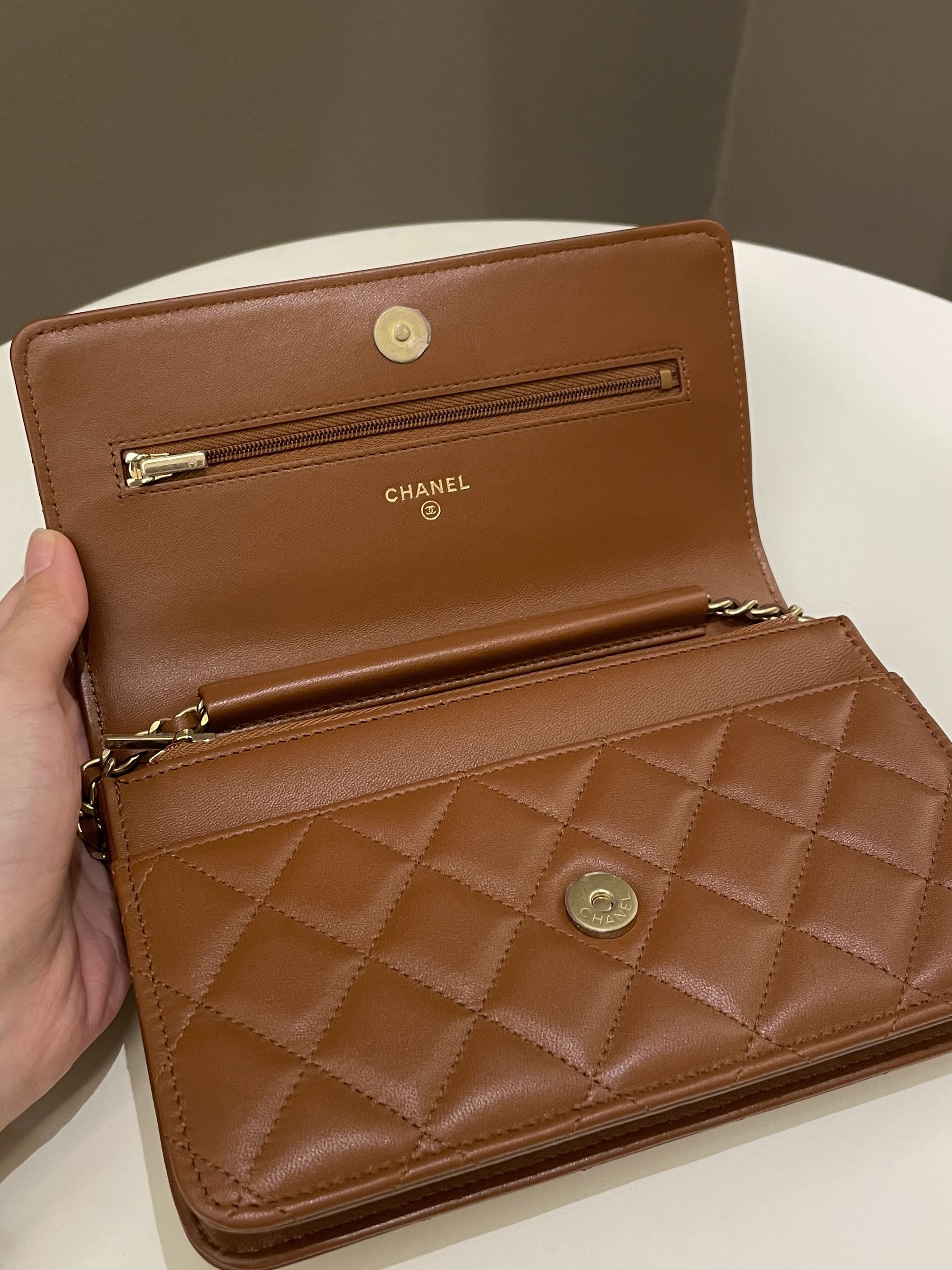 Chanel 23A Cc Quilted Wallet on Chain Tan Brown Stiff Lambskin