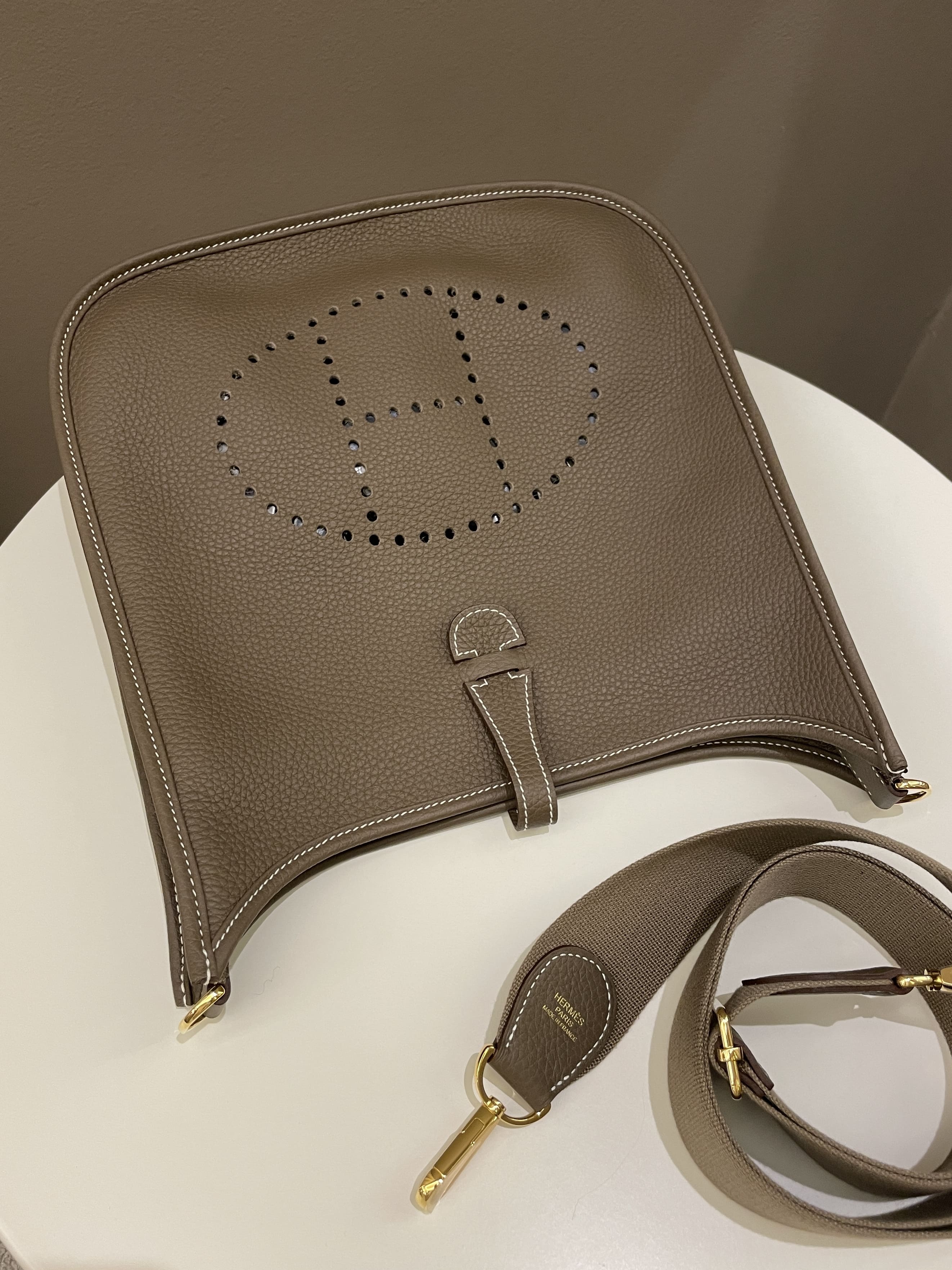 Hermes Bag Evelyne PM Etoupe Gold Hardware Clemence Leather at