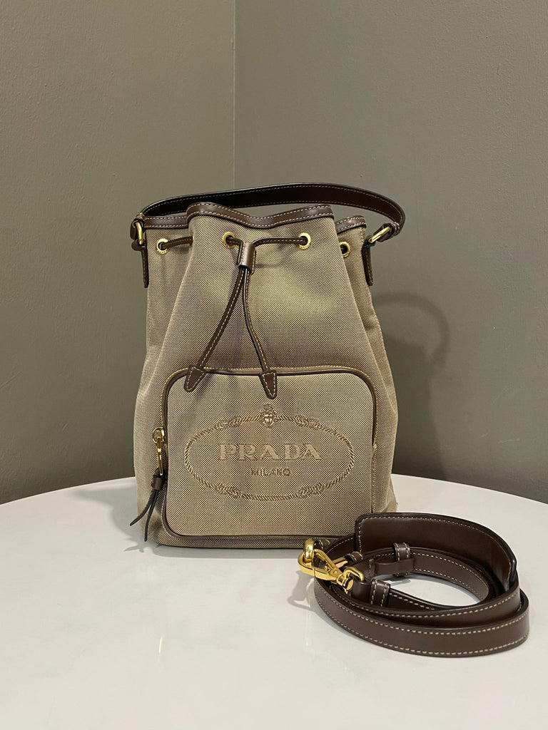 Prada Drawstring Bucket Shoulder Bag Brown Khaki Jacquard