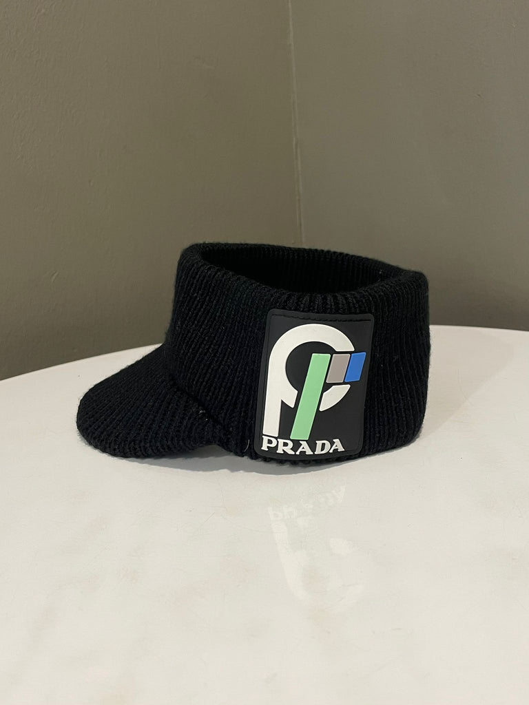 Prada Racing Logo Shaker Visor Cap Black Knit Wool
