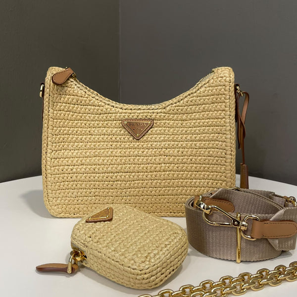Prada Re-Edition 2005 Shoulder Bag Raffia Tan