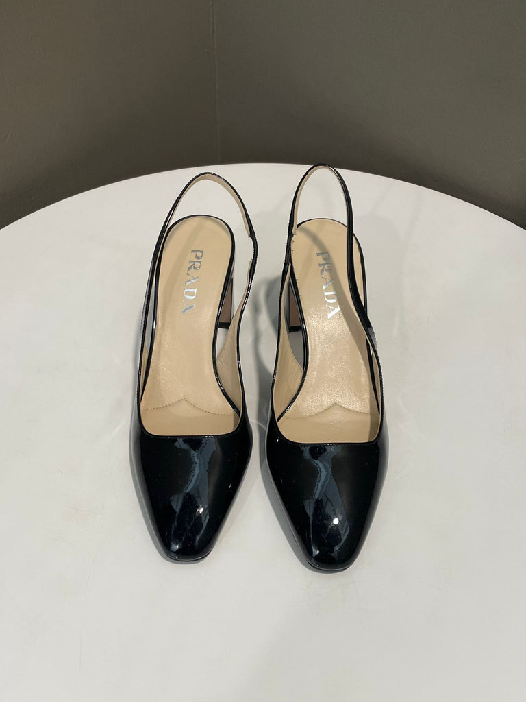 Prada Slingback Heels 
Black Patent 
