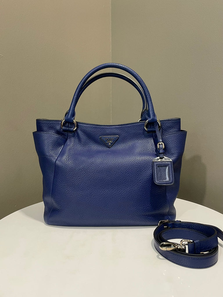 Prada Vitello Daino Side Pocket Bag Blue Grainy Leather