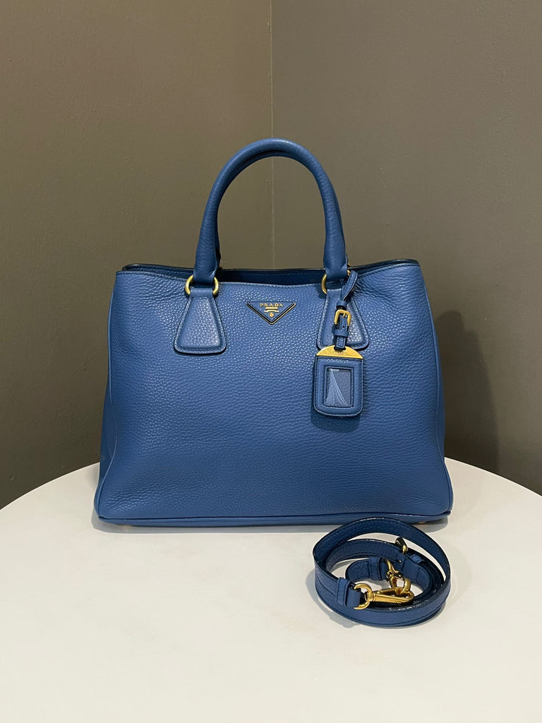 Prada Vitello Daino Tote Bag Blue Grainy Leather