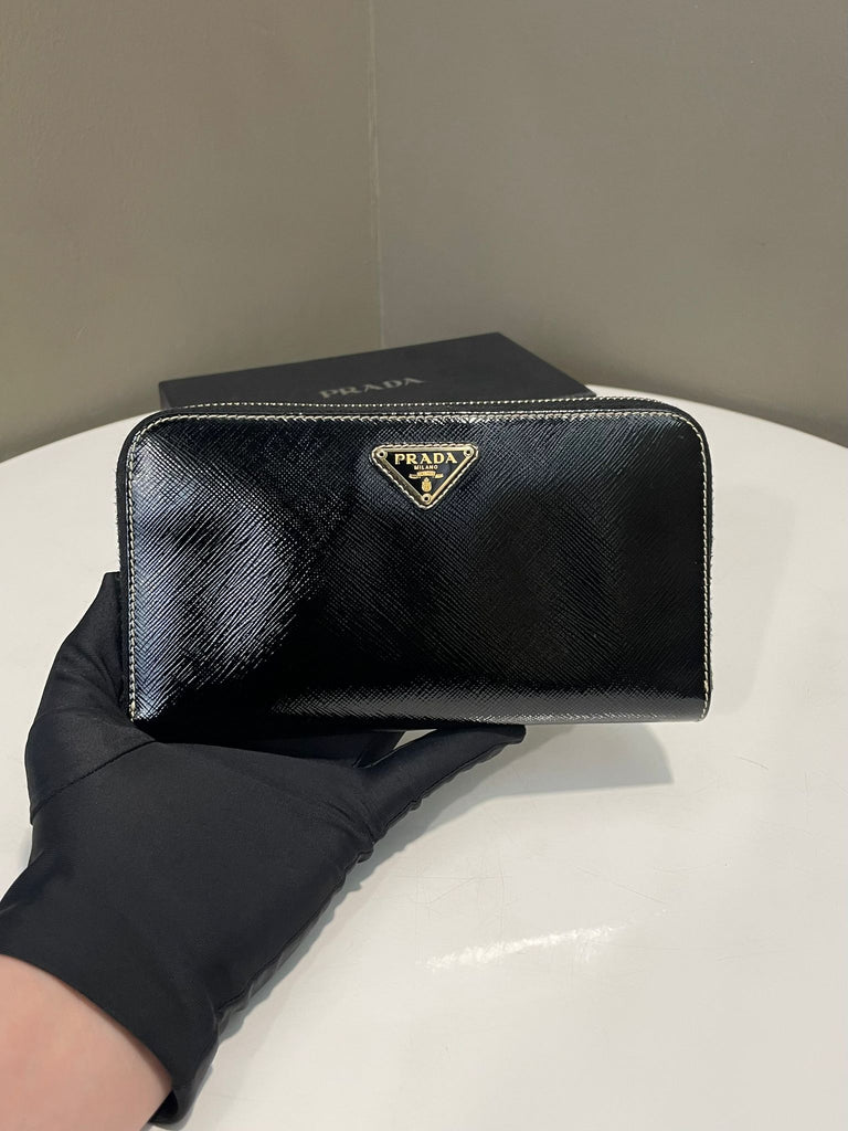 Prada Zipped Around Long Wallet Black Saffiano Vernic