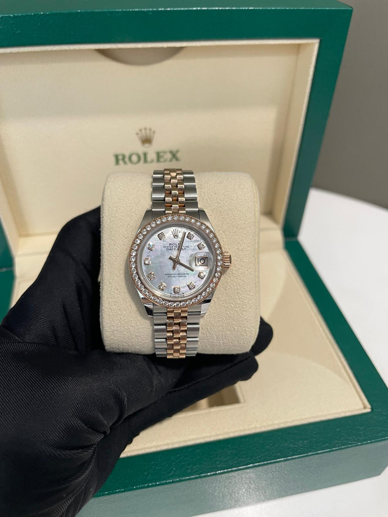 Rolex Oyster Lady Datejust 28 Watch White Mother of Pearl 18K Everose Gold