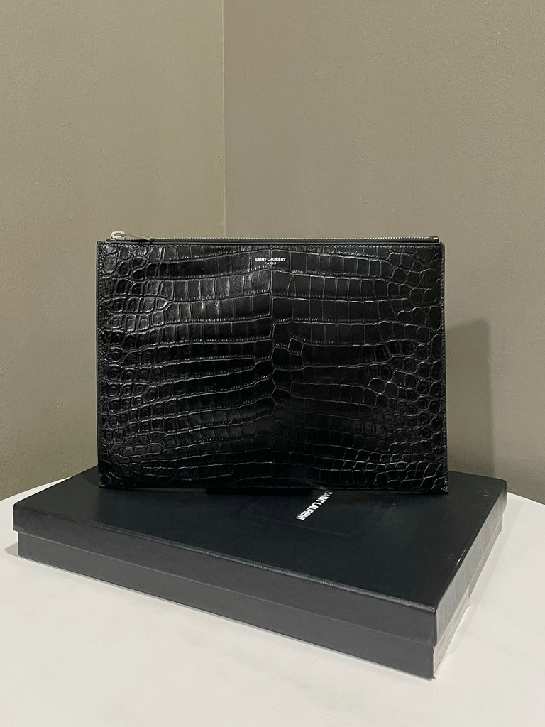 Saint Laurent Zip Pouch Clutch Black Croc Embossed