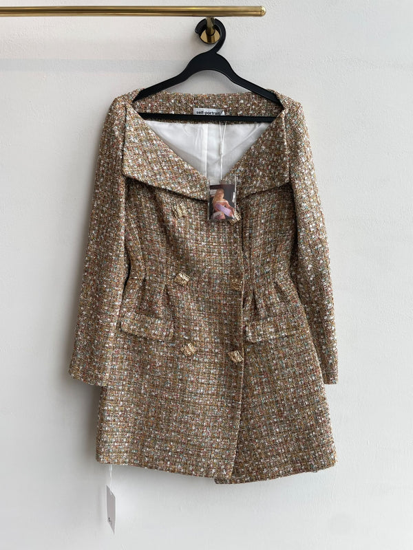 Self-Portrait Bouclé Off-Shoulder Mini Dress Gold Tinsel Boucle Tweed