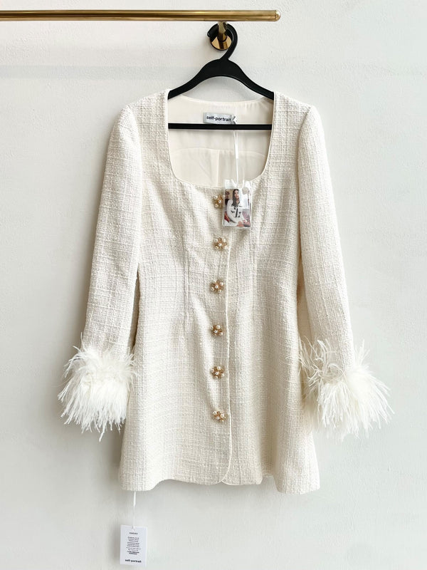 Self-Portrait Feather-Trimmed Bouclé Mini Dress Ivory Cream