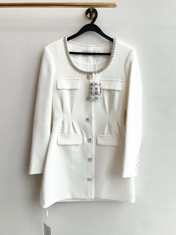 Self Portrait White Crepe Diamante Trim Mini Dress Ivory White