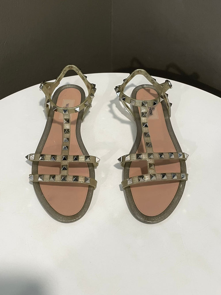 Valentino Garavani Rockstud Rubber Sandal Gold Glitter SHW Size 40