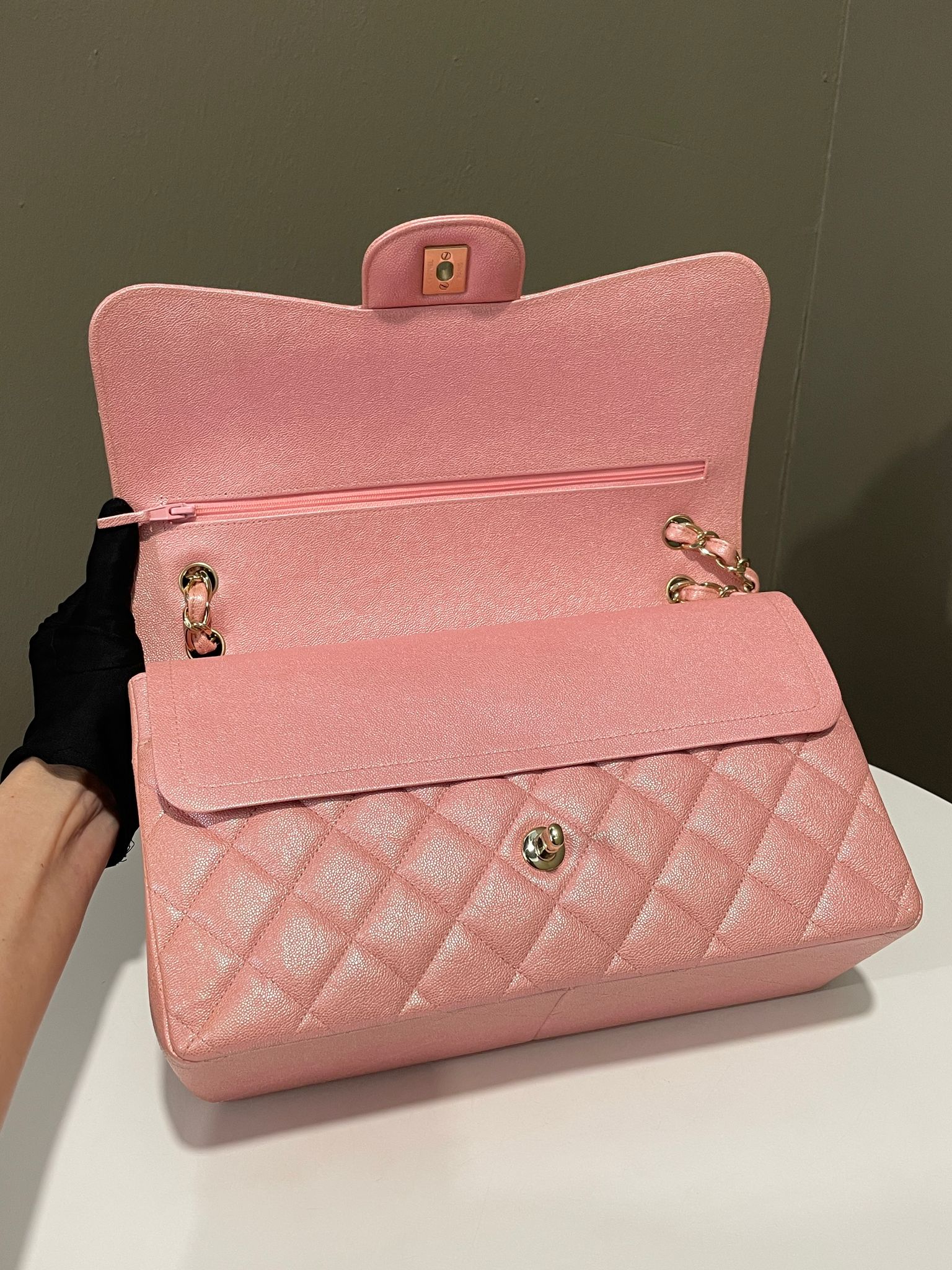 Chanel 19S Classic Jumbo Double Flap Iridescent Pink Caviar