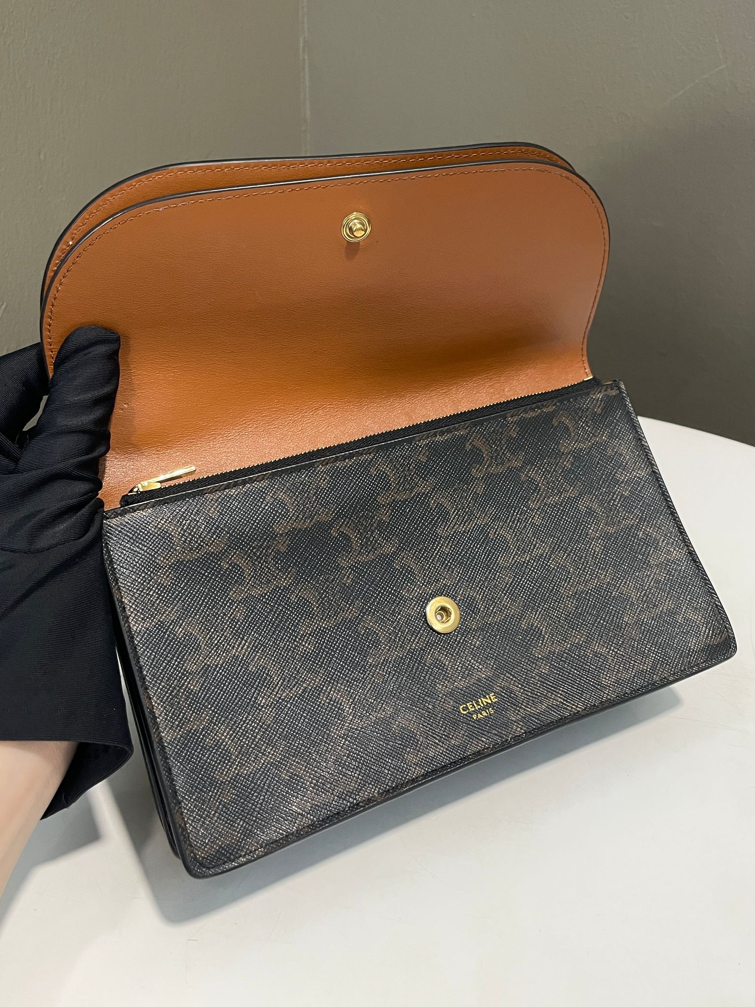 Celine Wallet on Strap Triomphe Canvas / Tan Lambskin