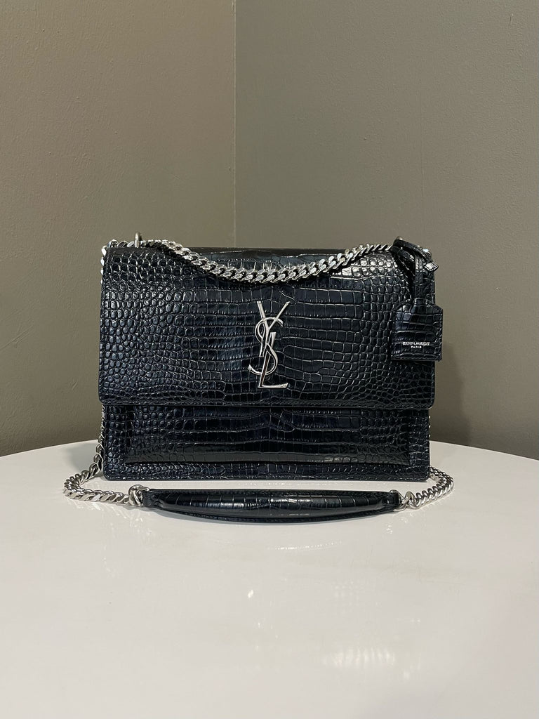 Saint Laurent Sunset Bag Black Croc Embossed Leather
