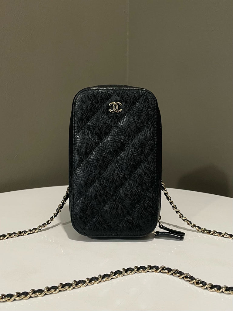 Chanel Quilted Vertical Phone Chain Black Caviar