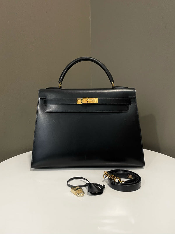 Hermes Vintage Kelly Sellier 32 Black Box Leather