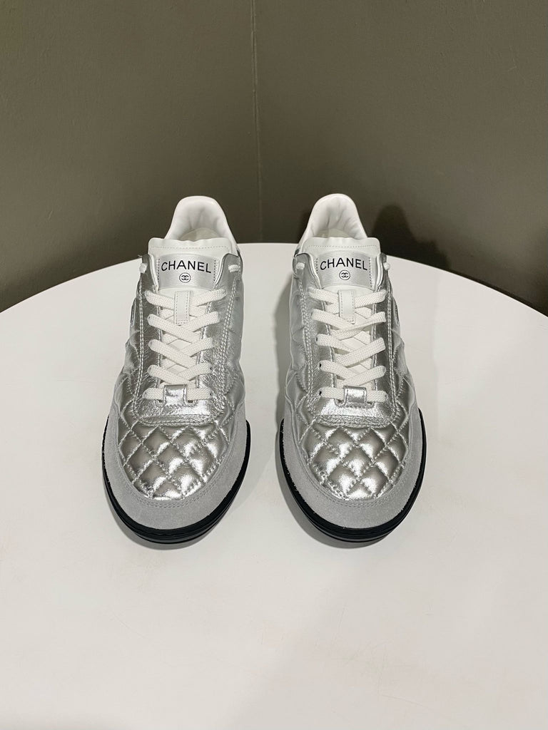 Chanel Cc Quilted Trainers Silver White Size 38.5