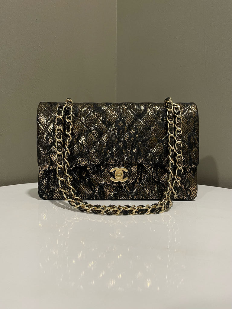 Chanel Classic Quilted Lace Medium Double Flap Black Gold