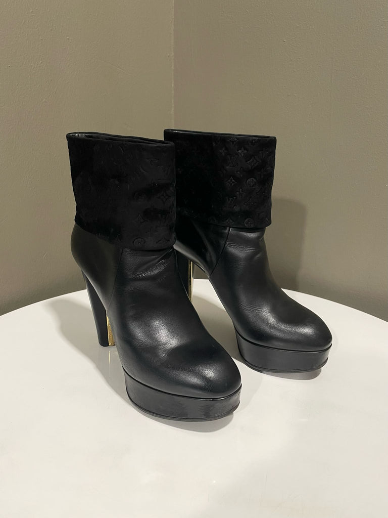 Louis Vuitton Monogram Heel Boots Black Leather / Suede Size 37