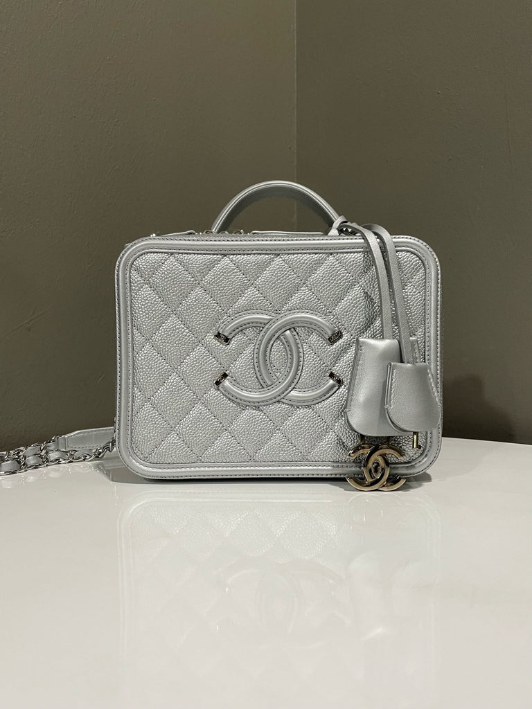 Chanel Filigree Vanity Case Silver Caviar