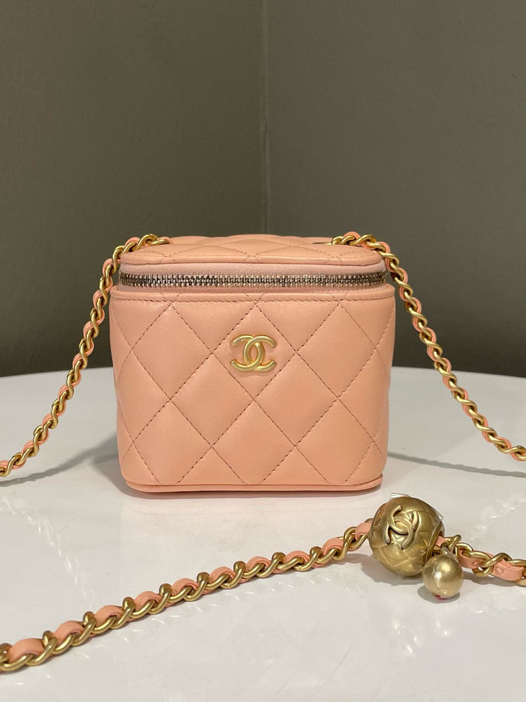 Chanel Quilted Pearl Crush Mini Vanity Cube Peach Pink Lambskin