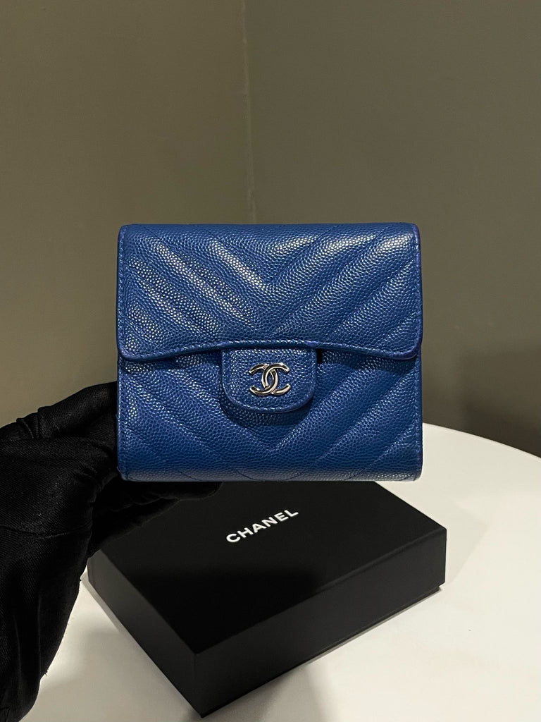 Chanel Chevron Compact Trifold Flap Wallet Cobalt Blue Caviar