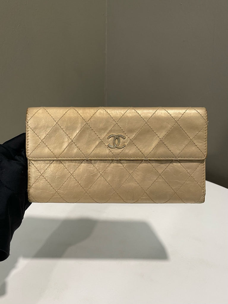 Chanel CC Quilted Long Wallet Gold Aged Calfskin