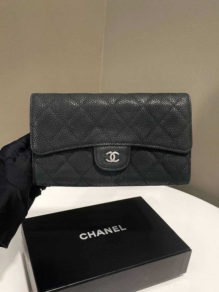 Chanel CC Classic Quilted Long Wallet Black Matte Caviar