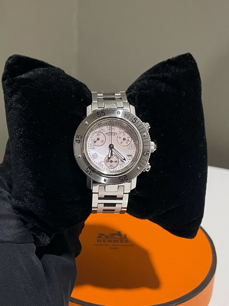 Hermes Clipper Diver Chronograph Watch CL2.310 Pink Shell / Stainless Steel