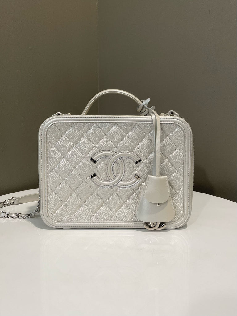 Chanel Filigree Vanity Case Silver Caviar