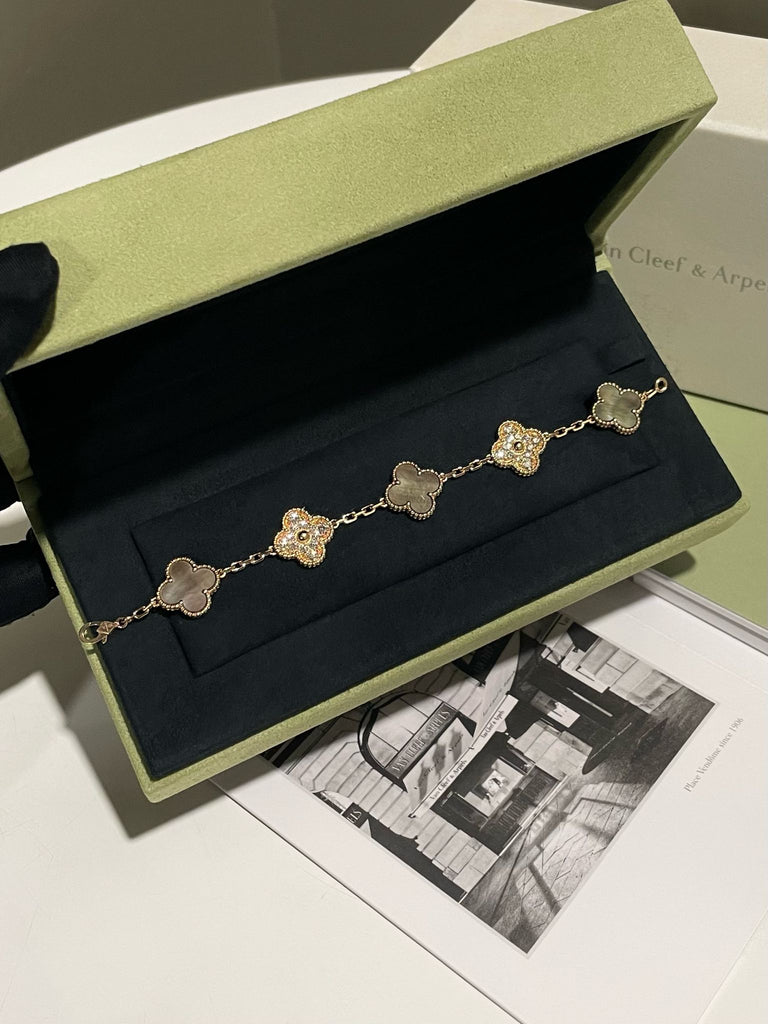 Van Cleef Vintage Alhambra Bracelet 5 Motifs Diamonds and Grey Mother Of Pearl 18K Rose Gold