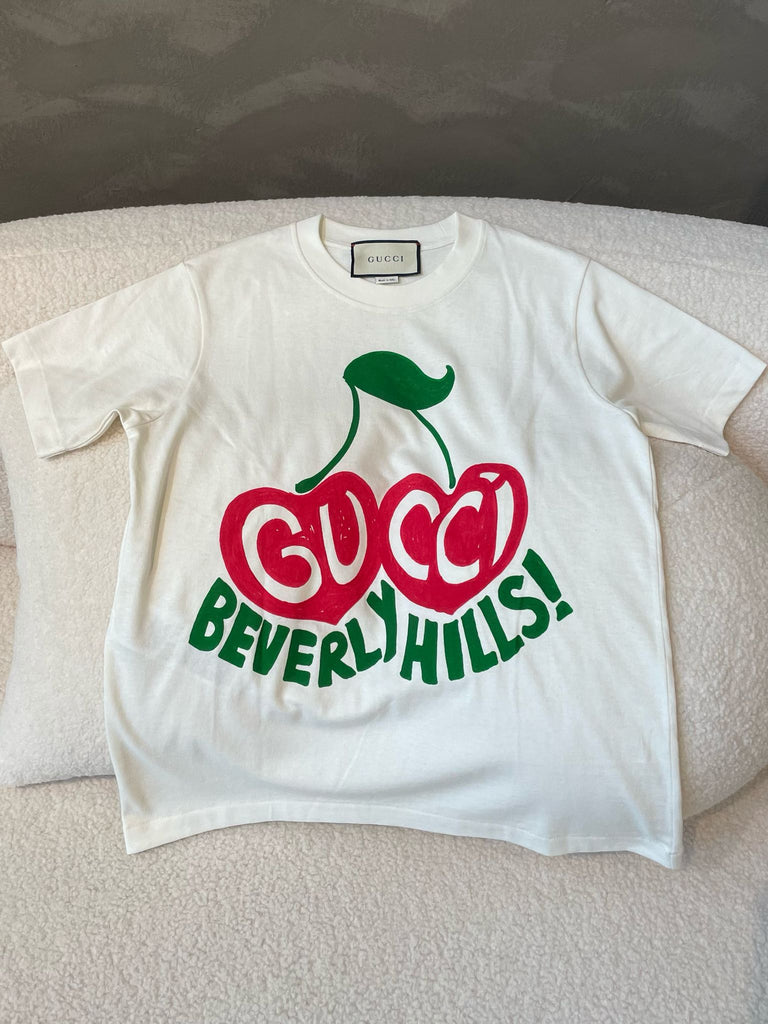 Gucci Beverly Hills Cherry Print Cotton T-Shirt Cream/ Green/ Red