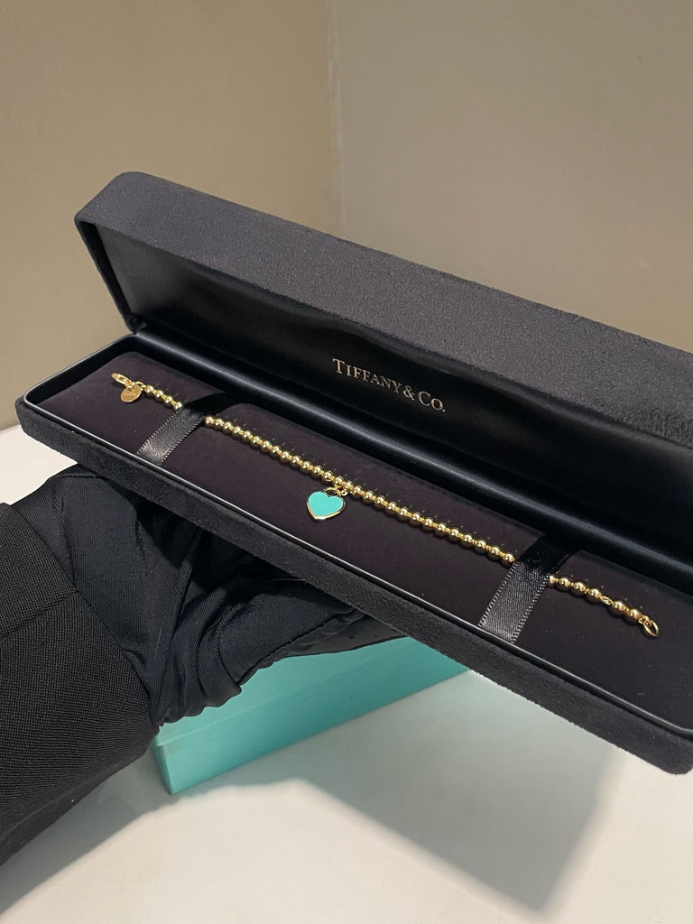 Tiffany & Co Beaded Heart Charm Bracelet 18K Yellow Gold