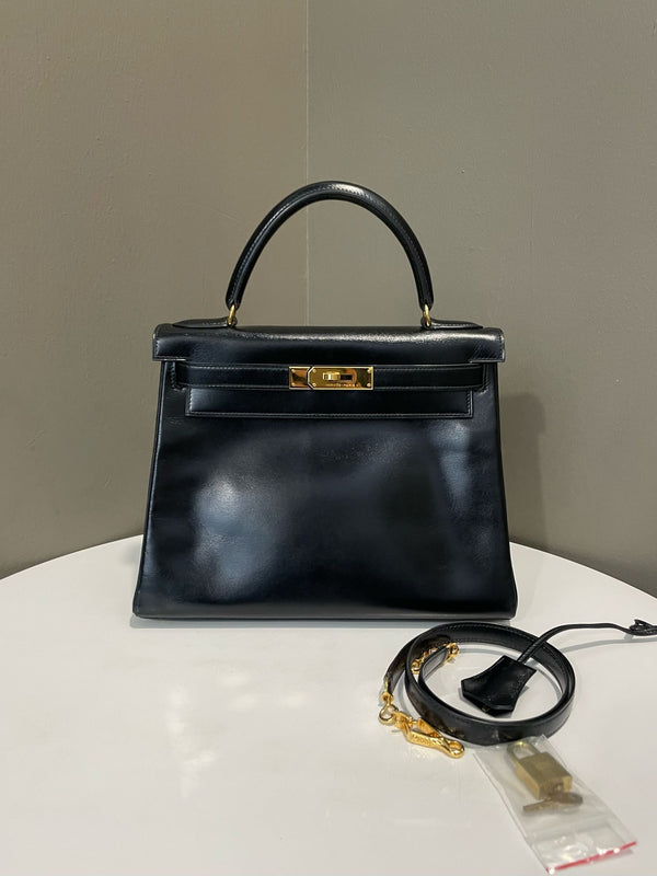 Hermes Vintage Kelly 28 Black Box Leather