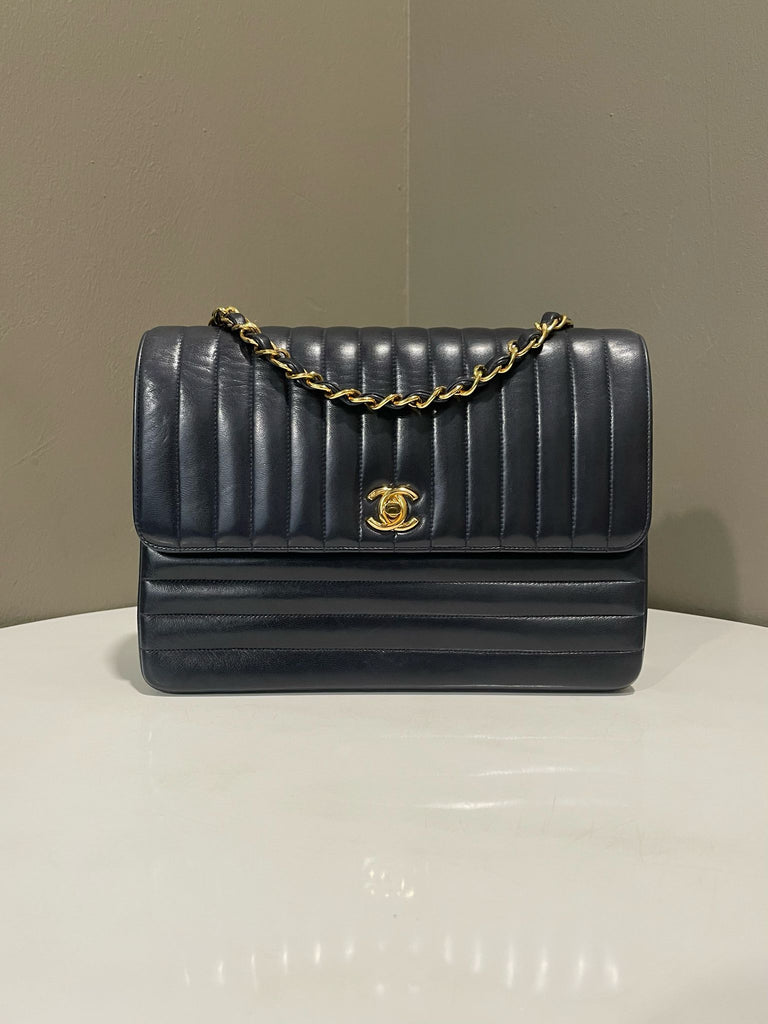 Chanel Vintage Linear Quilted Flap Bag Black Lambskin
