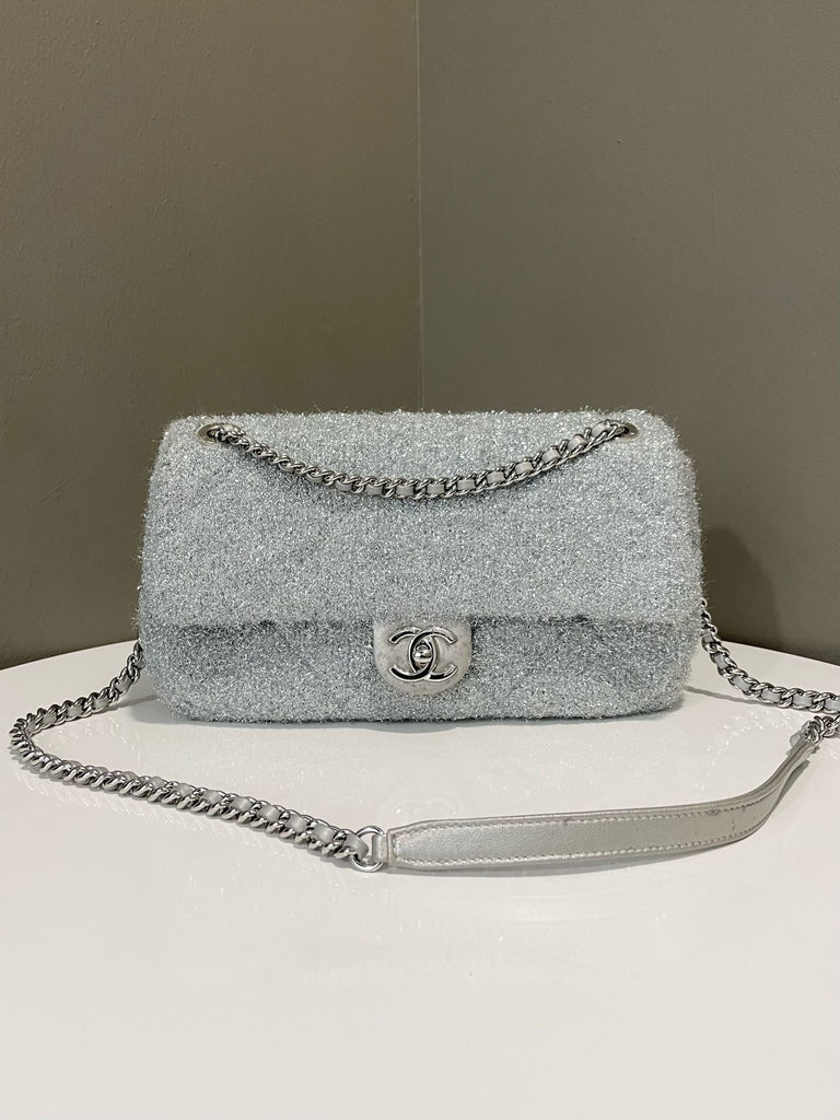 Chanel Quilted Cc Pluto Glitter Flap Bag Silver Gilts