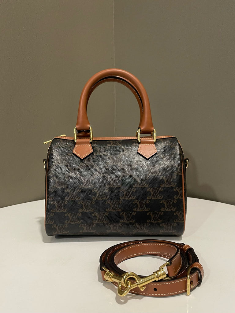 Celine Small Boston Triomphe Canvas / Tan Calfskin