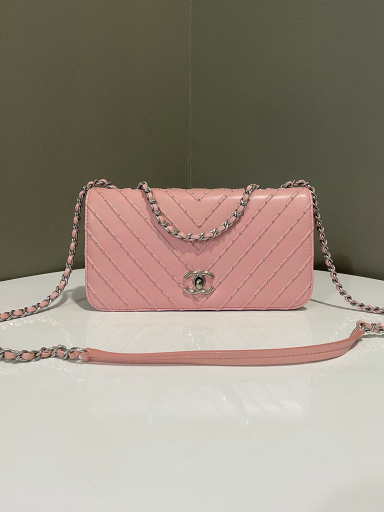 Chanel Chevron Studded Flap Bag Pink Lambskin