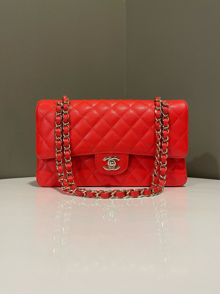 Chanel Classic Quilted Medium Double Flap Coral Red Caviar