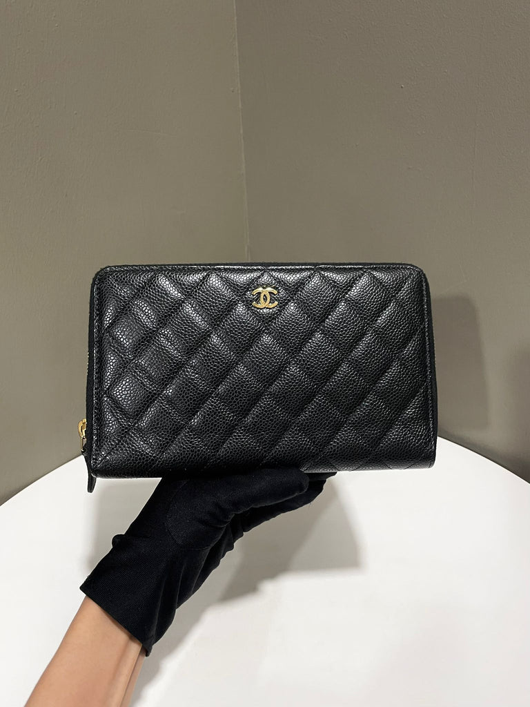 Chanel Quilted Cc XL Zip Wallet Black Caviar