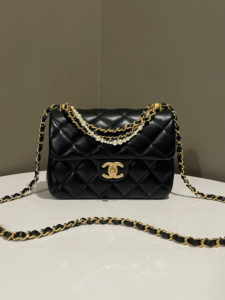 Chanel 24P Top Handle Pearl Chain Flap Bag Black