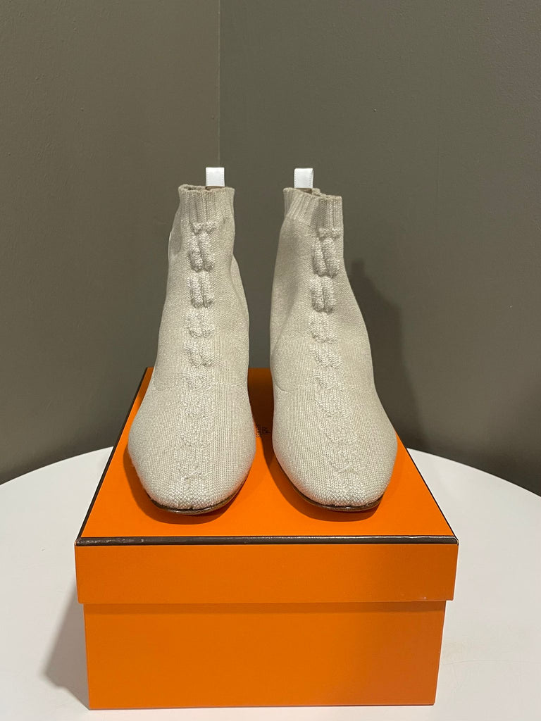 Hermes Duo Ankle Boot Beige Knit Motif Size 36.5