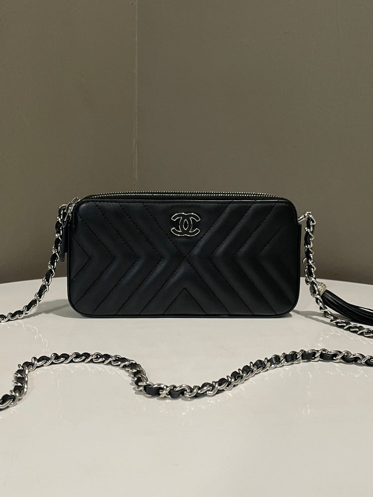 Chanel Double Zipped Clutch With Chain Black Lambskin