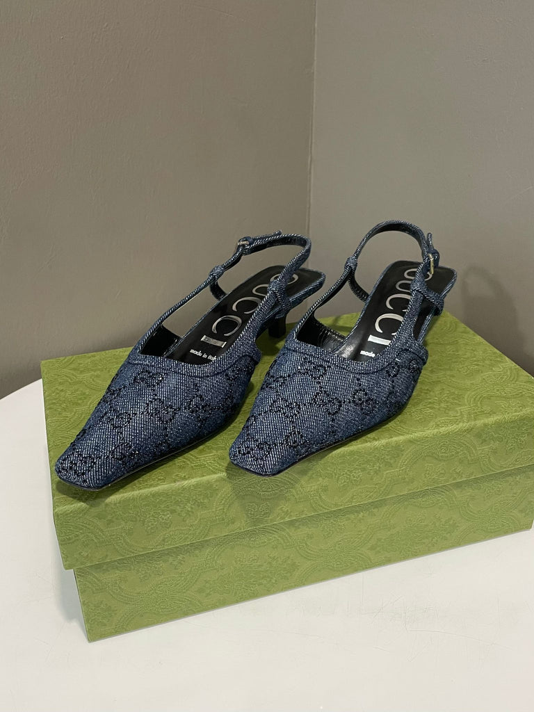 Gucci GG Denim Embellished Slingback Kitten Heels Blue / Rhinestones Size 37