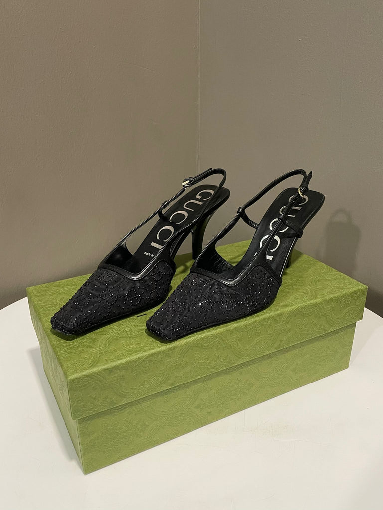 Gucci GG Crystal Slingback Kitten Heels Black / Rhinestones  Size 36