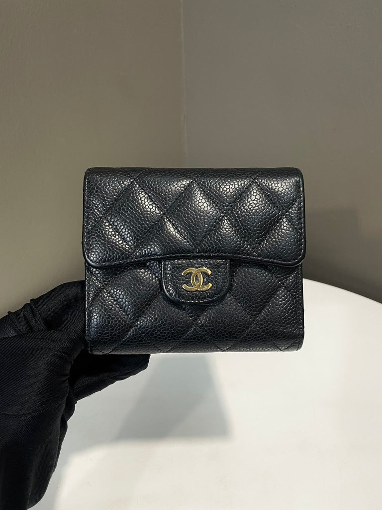 Chanel Classic Quilted Tri Fold Compact Wallet Black Caviar