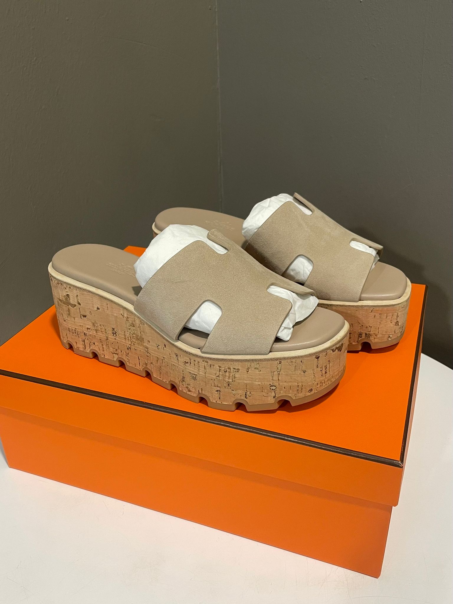 Hermes Eze 30 Sandal Beige Camel Platform Size 36