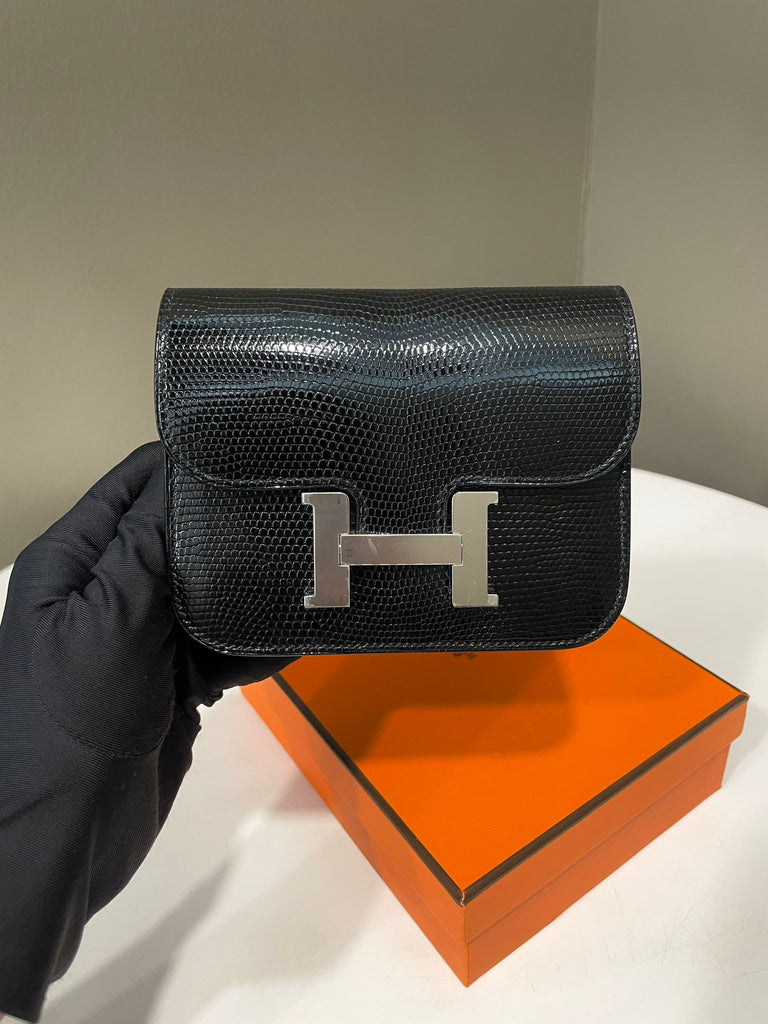 Hermes Constance Slim Compact Black Noir Lizard