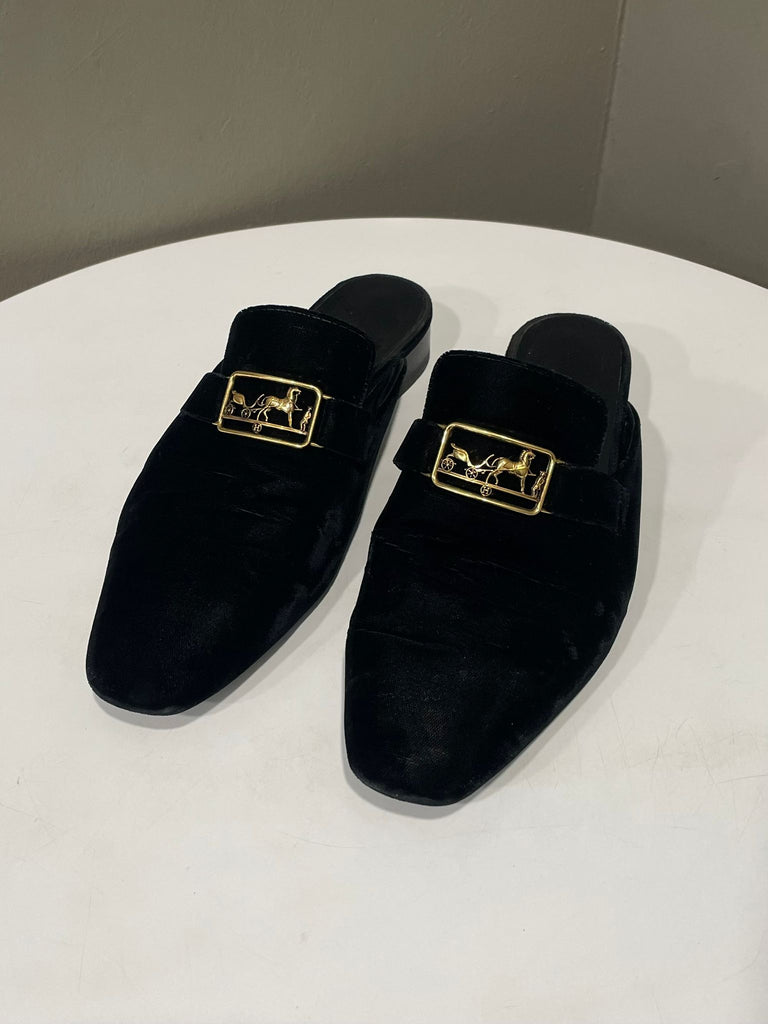 Hermes Vincennes Mules Black Velour Velvet Size 41