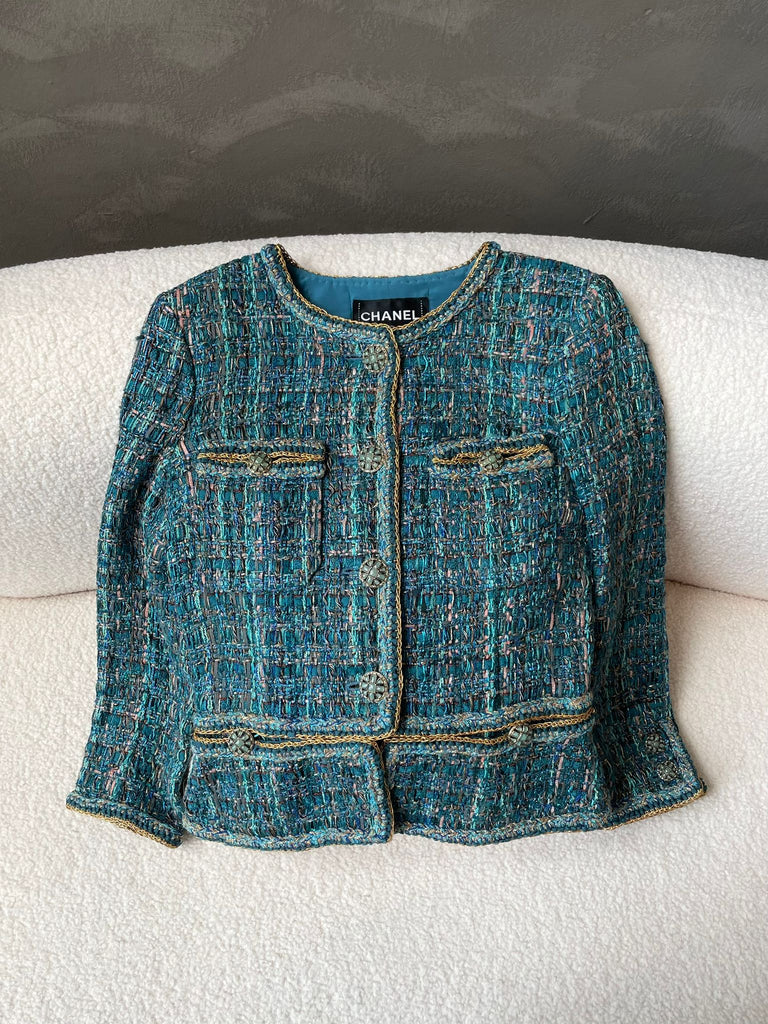 Chanel 19A Egyptian Fantasy Tweed Jacket Blue / Green / Gold